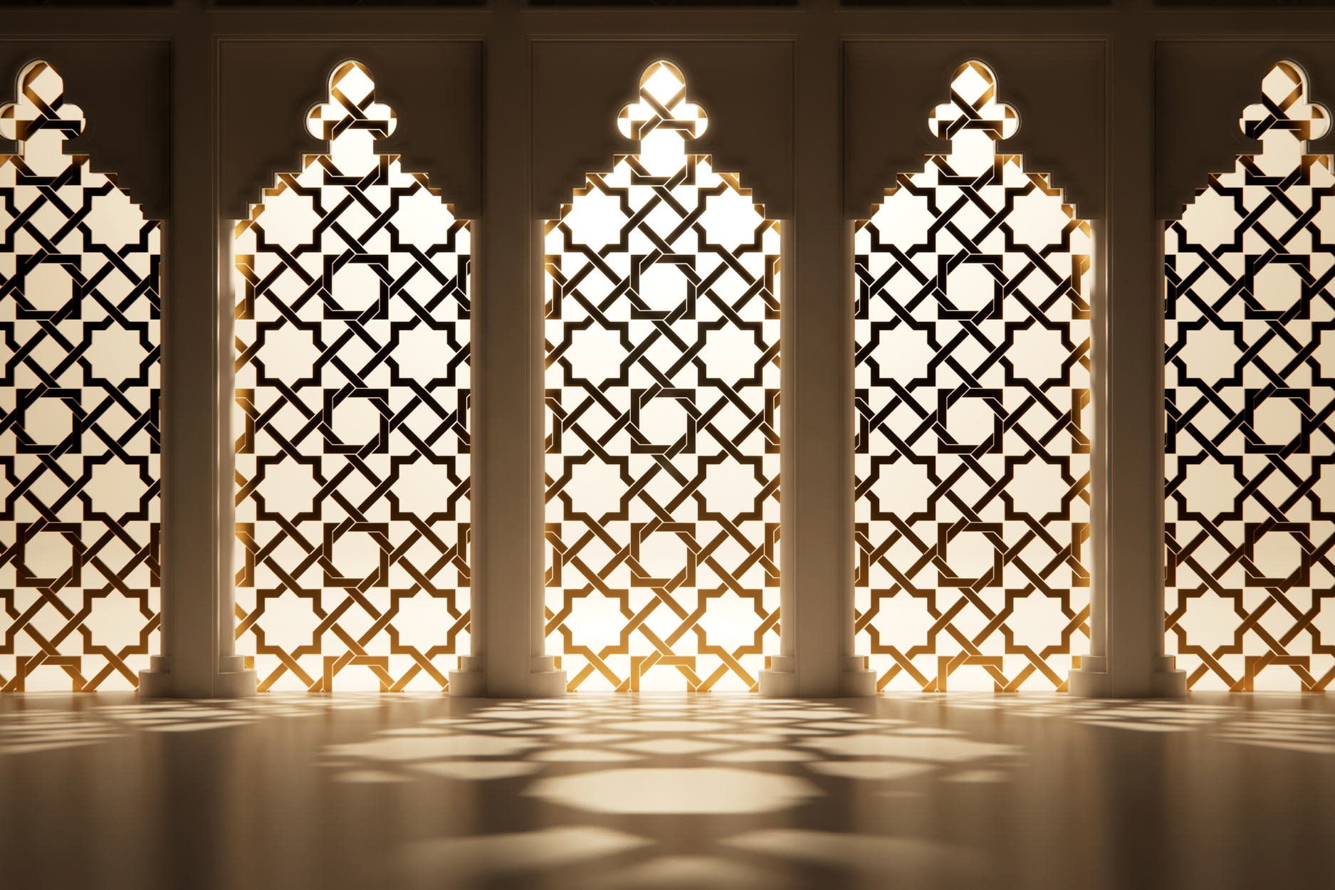 Islamic architecture geometric patterned windows with light shining through