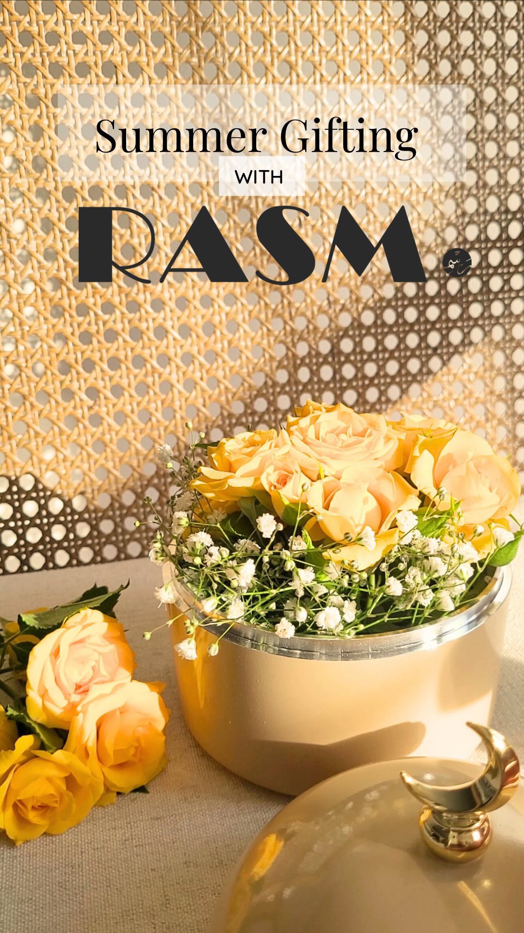 Open RASM Moon Dome Jar in Sand, filled with yellow roses and baby's breath. Photo title is Summer Gifting with RASM. roses and baby