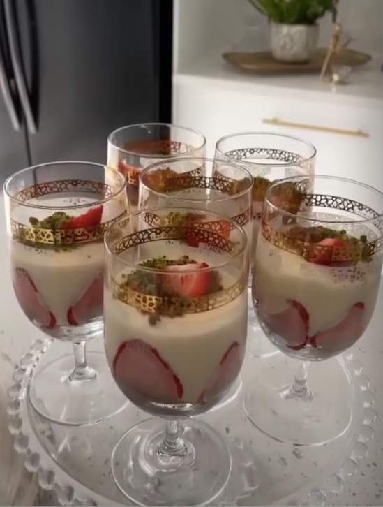 5 RASM Cristi Goblets filled with strawberry pudding.  Ramadan table dessert.