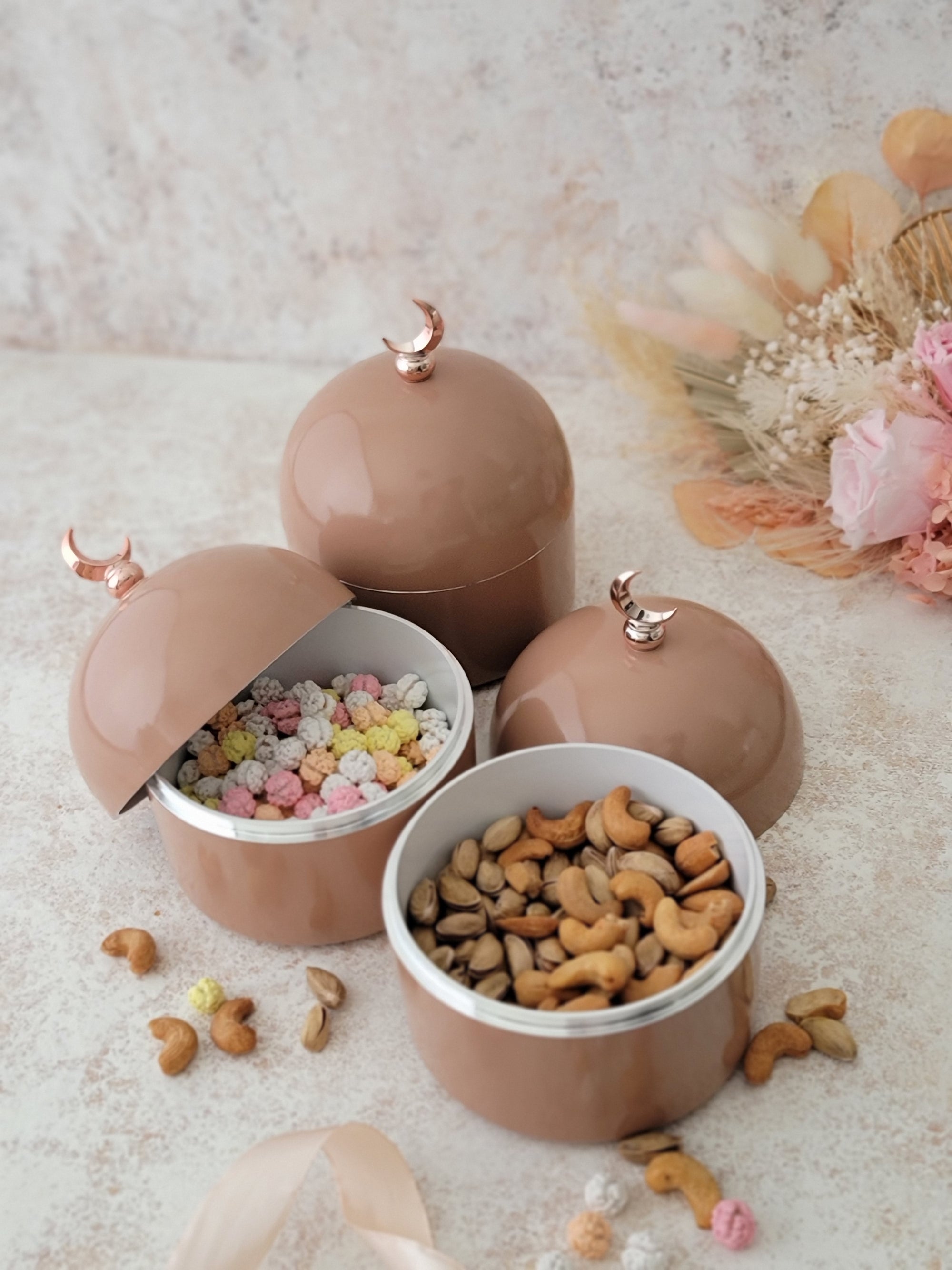 Terracotta Rose Moon Dome Jar filled with dryfruits and sweets