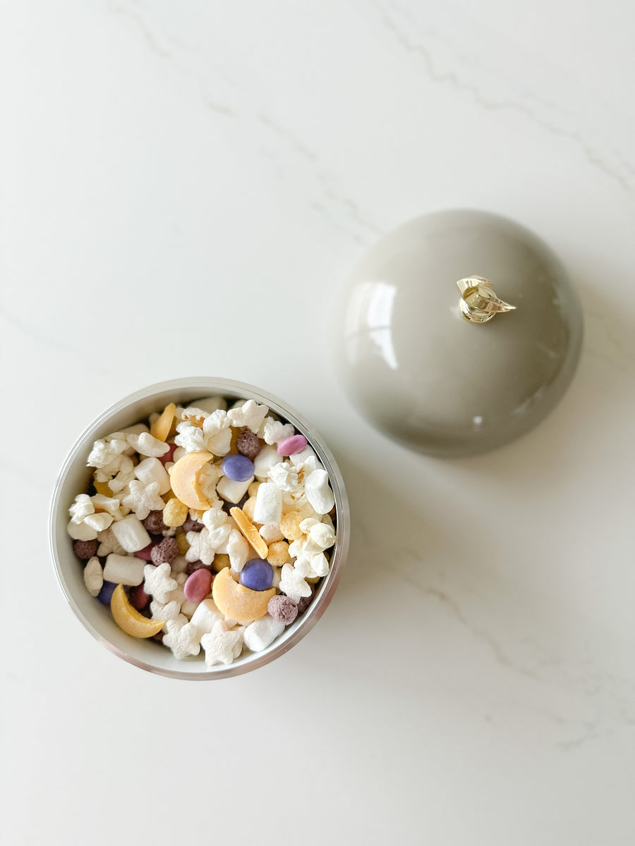 Toasty Taupe Moon Dome Jar with Golden Crescent filled with sweet treats