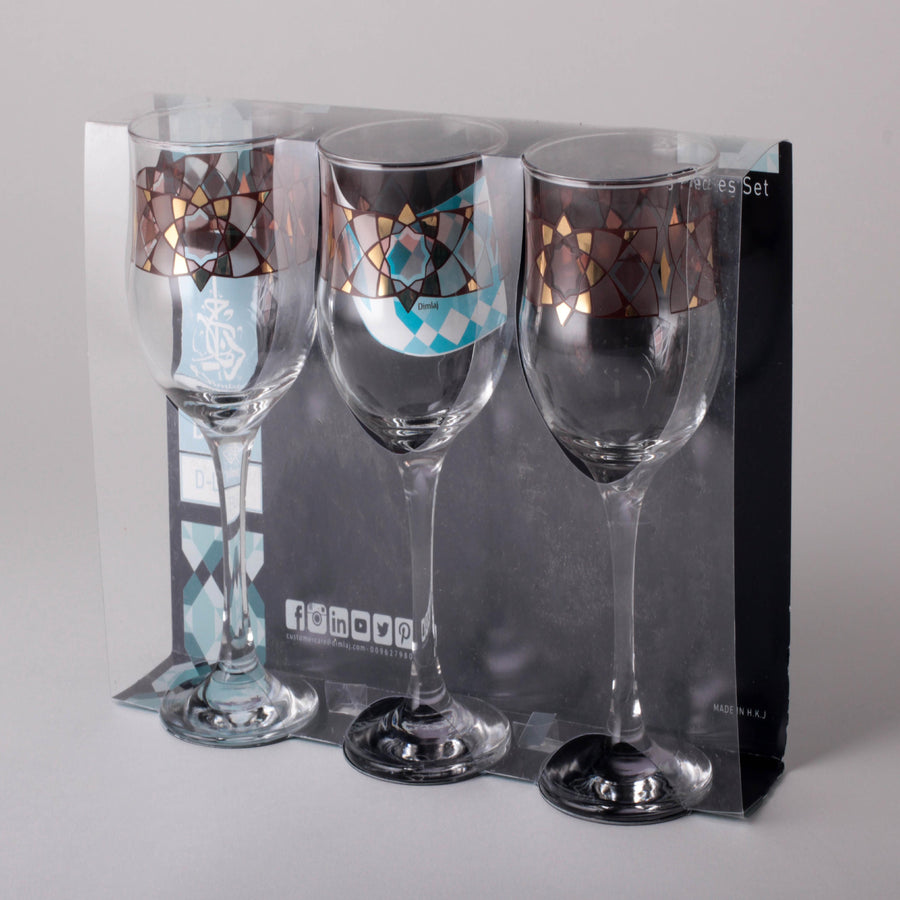 Set of 3 Stemware Cristi Goblet transparent glass with brown and golden design
