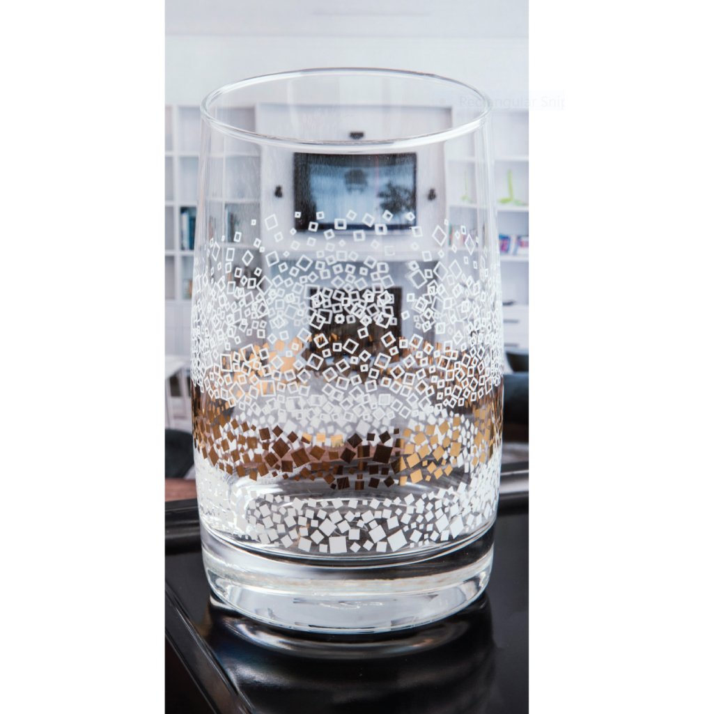 Transparent  glass dune tumbler with white and golden print