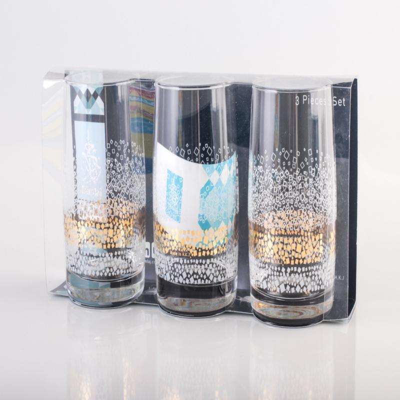 Set of 3 Transparent  glass dune tumblers with white and golden print 